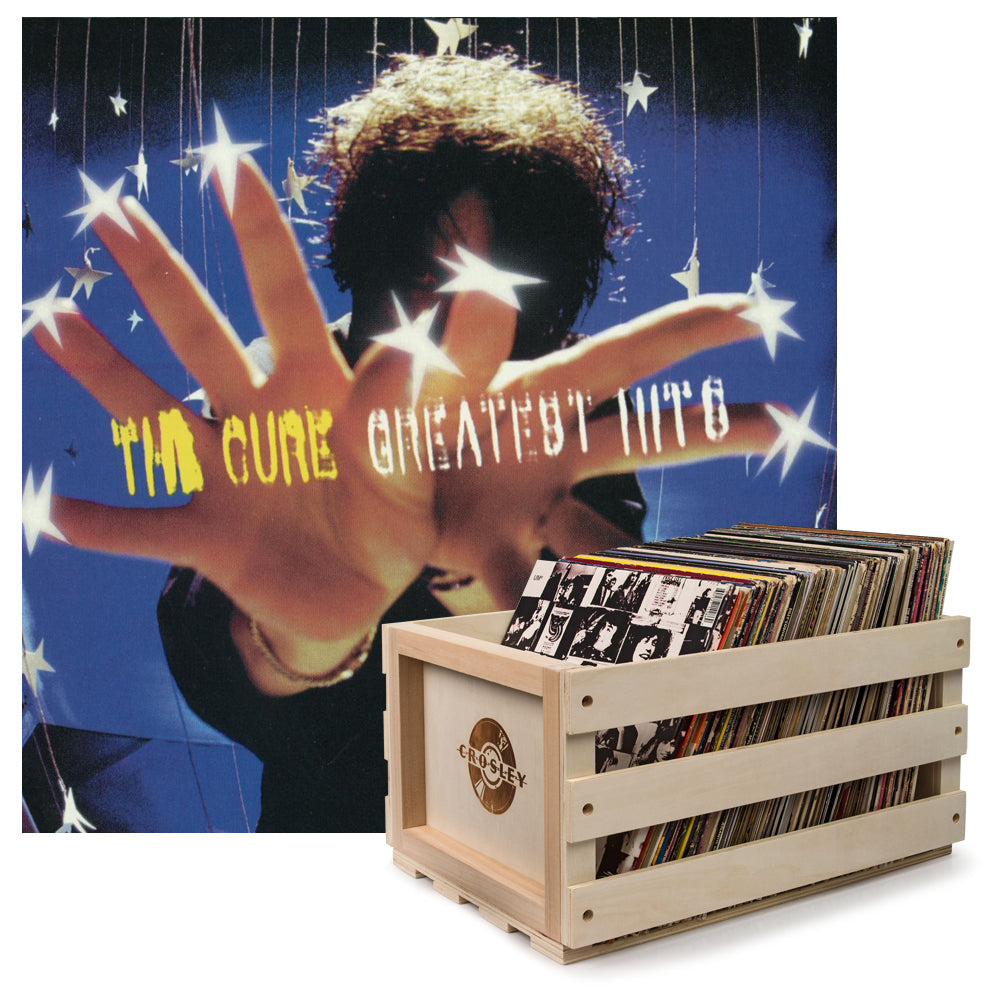 Crosley Record Storage Crate &amp; The Cure Greatest Hits - Double Vinyl Album Bundle