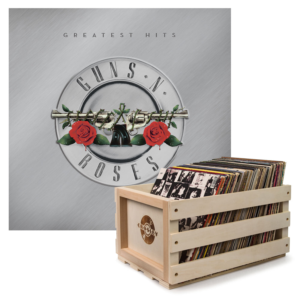 Crosley Record Storage Crate &amp;  Guns N Roses Greatest Hits - Double Vinyl Album Bundle
