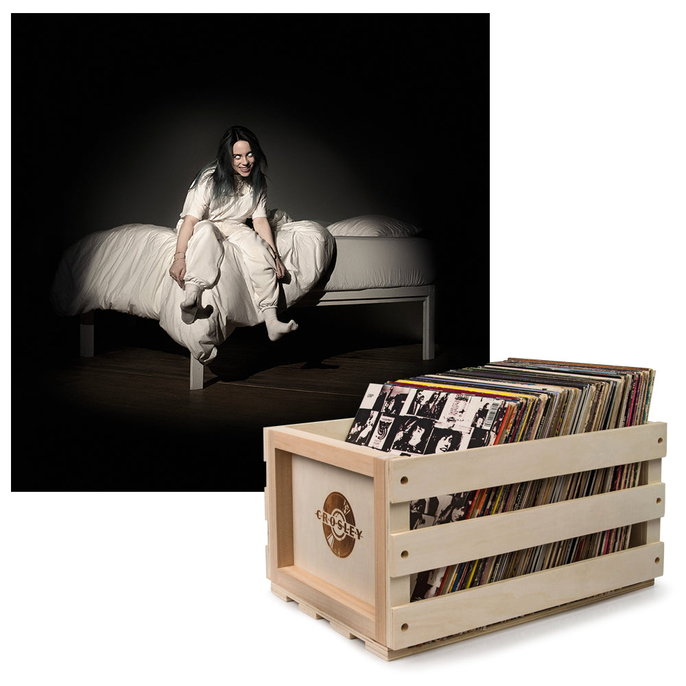 Crosley Record Storage Crate &amp; Billie Eilish - When We All Fall Asleep, Where Do We Go - Vinyl Album Bundle