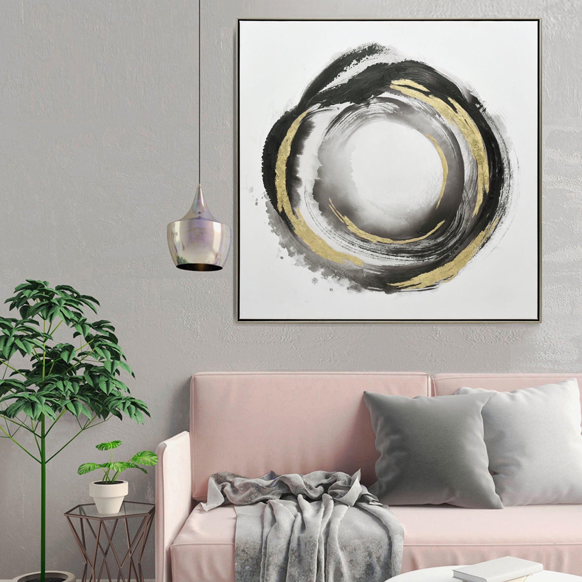 100X100cm Orbiting Elegance Champagne Framed Canvas Wall Art