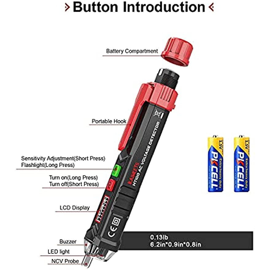 KAIWEETS HT100 Non Contact Voltage Tester AC Electricity Detect Pen 12V-1000V/48V-1000V Dual Range with LCD Display LED Flashlight Buzzer Alarm Wire Breakpoint Finder