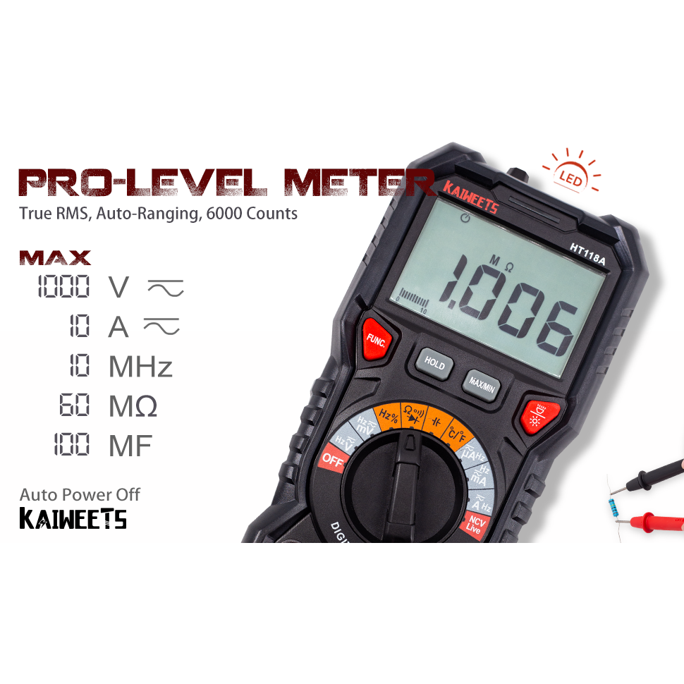 KAIWEETS Digital Multimeter TRMS 6000 Counts Voltmeter Auto-Ranging Fast Accurately Measures Voltage Current Amp Resistance Diodes Continuity Duty-Cycle Capacitance Temperature for Automotive