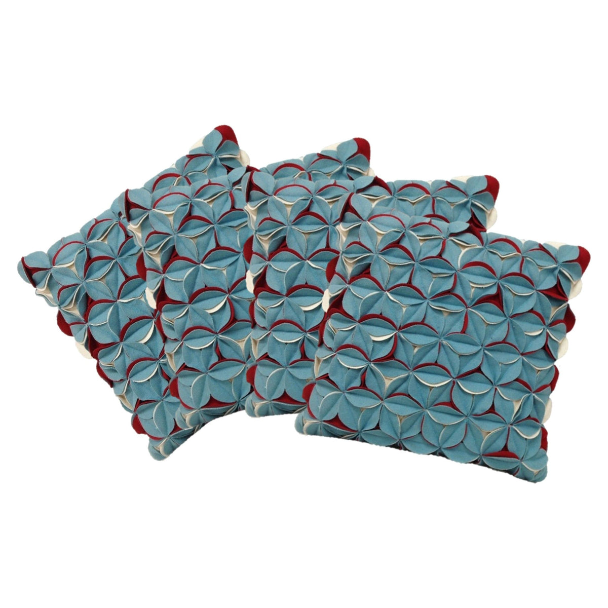 Pack of 4 Covers Amelie Aqua Blue &amp; Red 3D Texture Cushion Covers