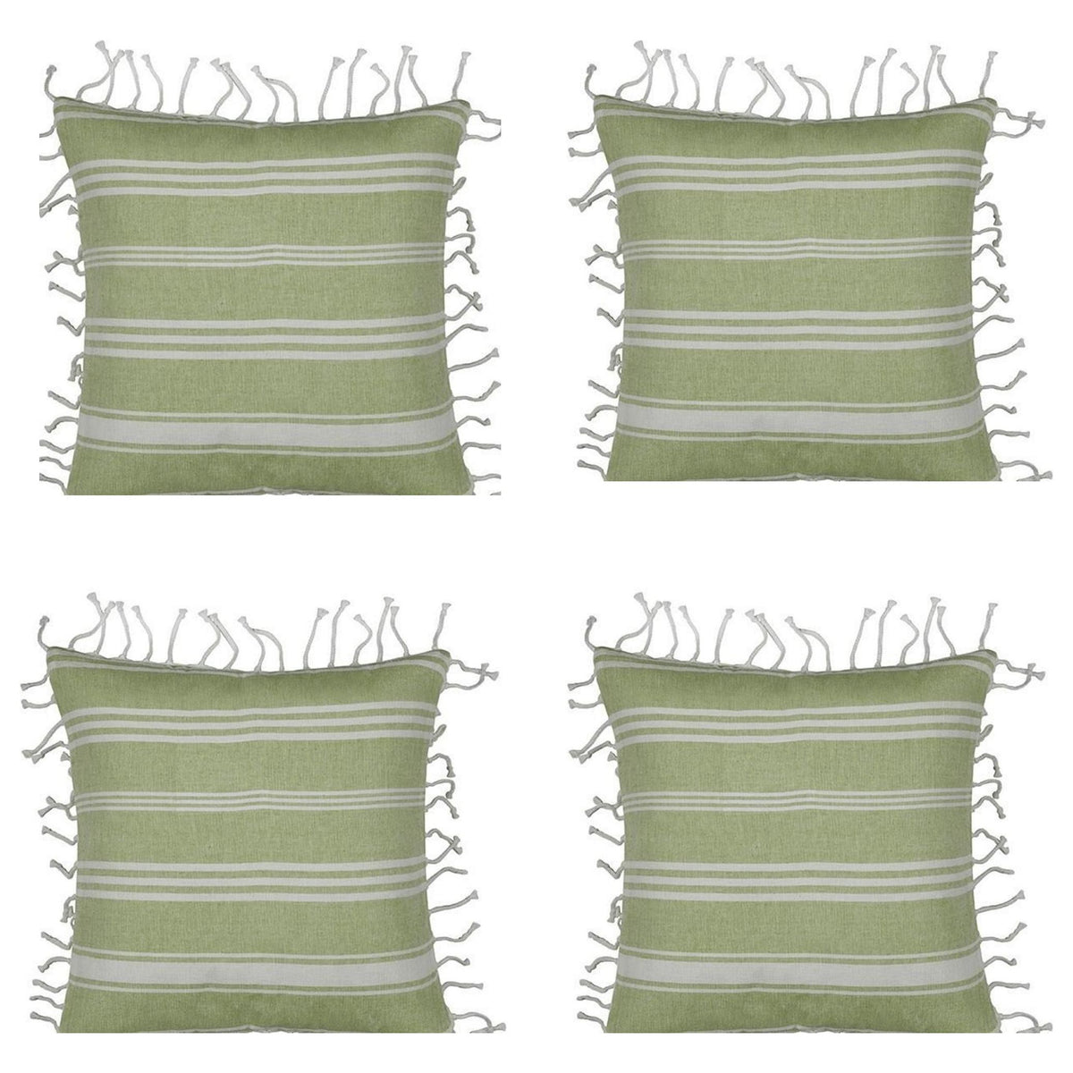 Pack of 4 Fresh Green &amp; White Striped Cushion Cover with white knotted edging