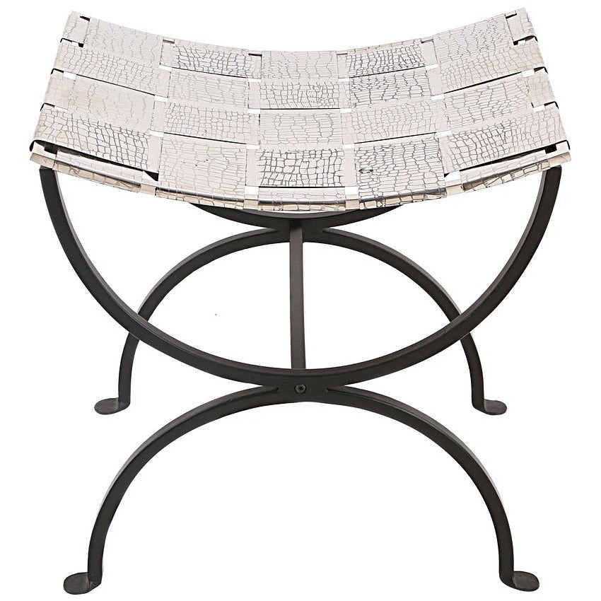 Small Black Dining Bench Seat with Woven Stainless Steel Top