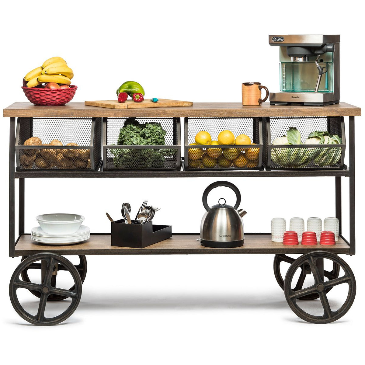 Wooden Kitchen Island Trolley Cart on Wheels with Drawers and 3 Level Storage