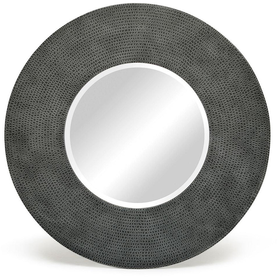 Round Wall Mirror with Croc Pattern Frame in Black Silver Finish