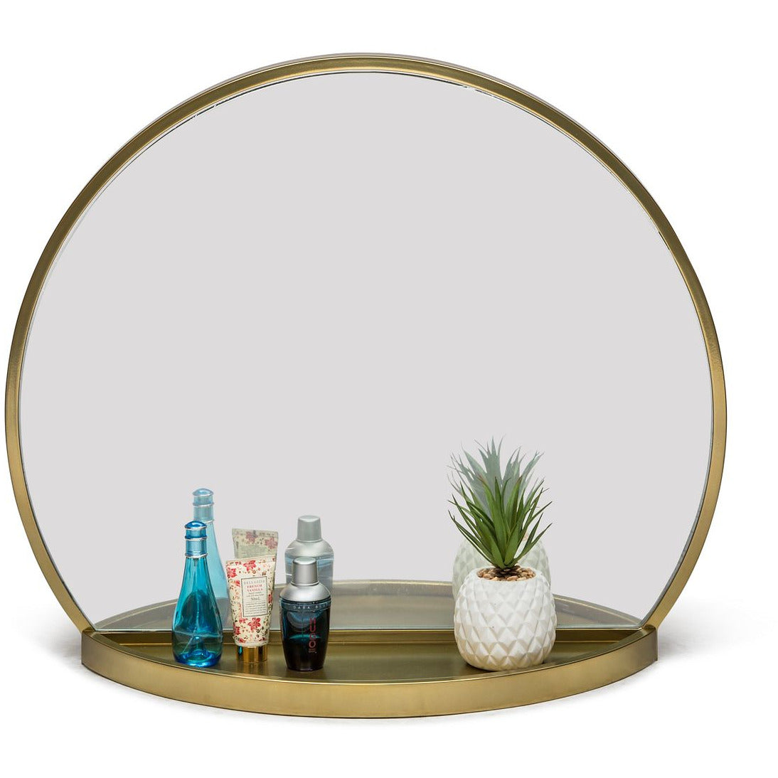 Round Table Wall Mirror with Shelf Storage in Brass Finish