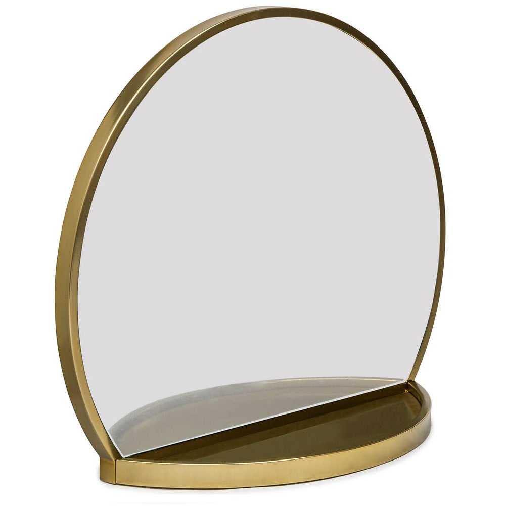 Round Table Wall Mirror with Shelf Storage in Brass Finish