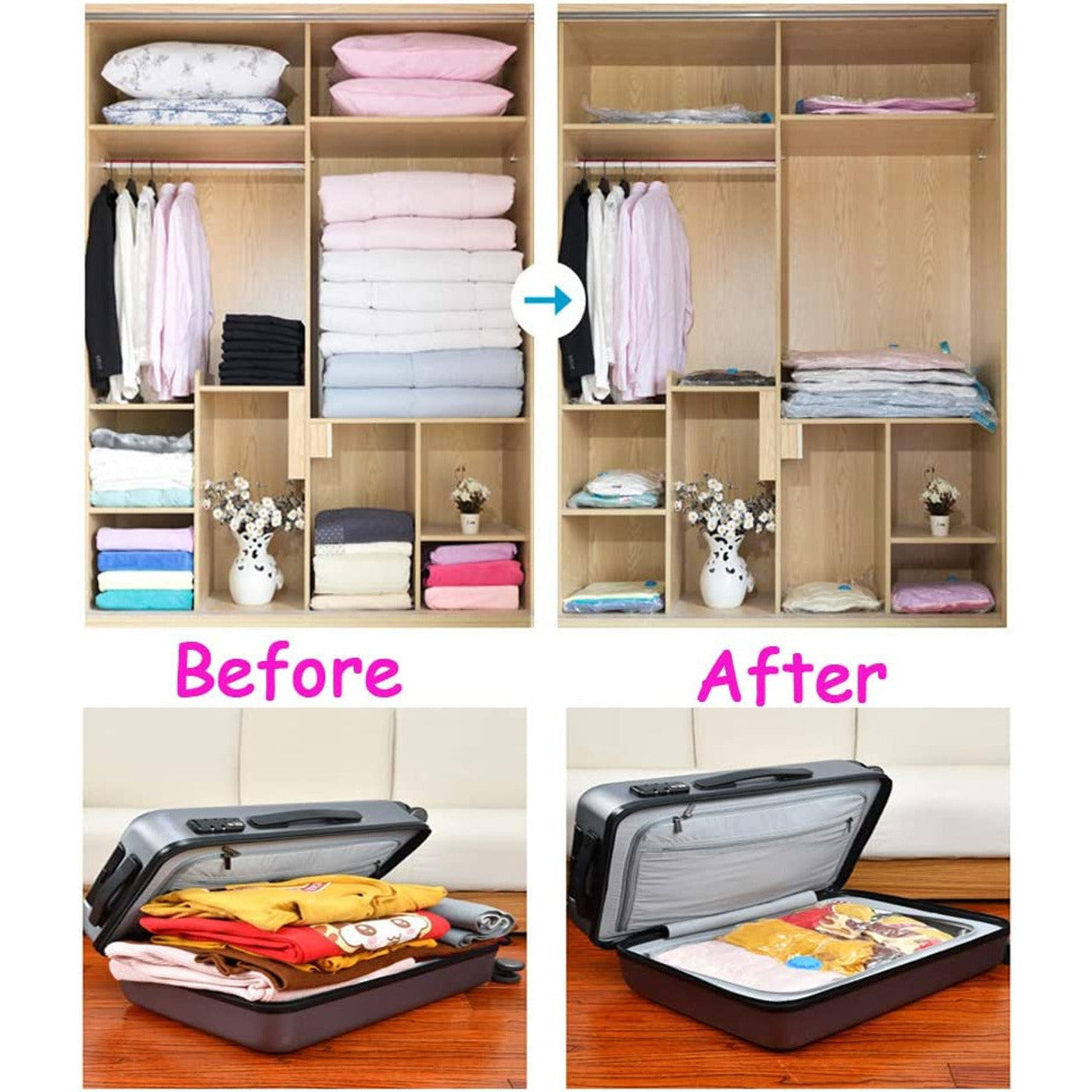 9 Pack Space Saver Vacuum Seal Storage Bag Kit, 2 Large, 5 Medium & 2 Small