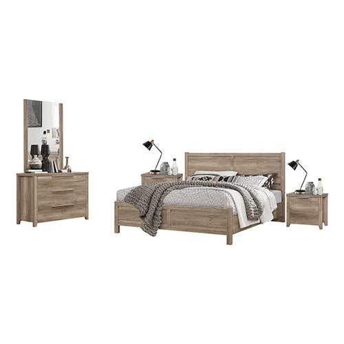 4 Pieces Bedroom Suite Natural Wood Like MDF Structure Double Size Oak Colour Bed, Bedside Table &amp; Dresser