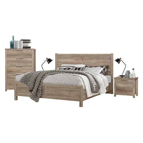 4 Pieces Bedroom Suite Natural Wood Like MDF Structure Double Size Oak Colour Bed, Bedside Table &amp; Tallboy