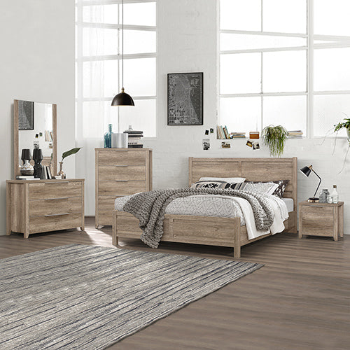 5 Pieces Bedroom Suite Natural Wood Like MDF Structure King Size Oak Colour Bed, Bedside Table, Tallboy &amp; Dresser