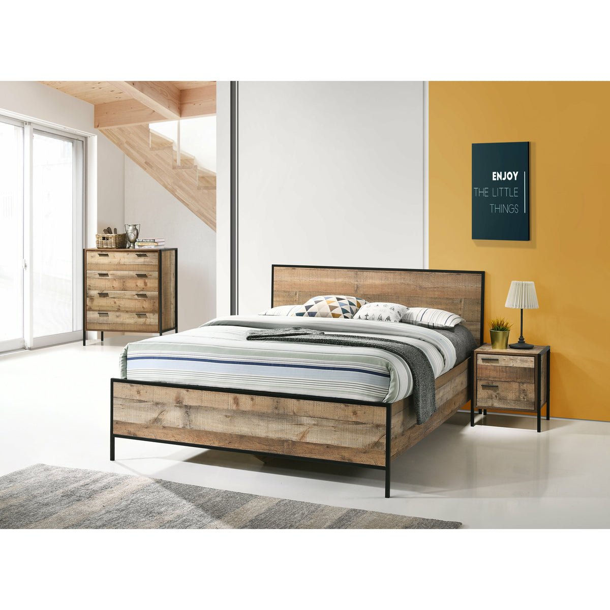 4 Pieces Bedroom Suite with Particle Board Contraction and Metal Legs Queen Size Oak Colour Bed, Bedside Table &amp; Tallboy