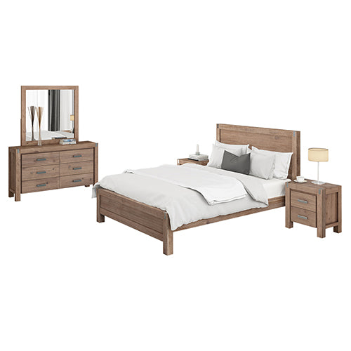 4 Pieces Bedroom Suite in Solid Wood Veneered Acacia Construction Timber Slat Double Size Oak Colour Bed, Bedside Table &amp; Dresser
