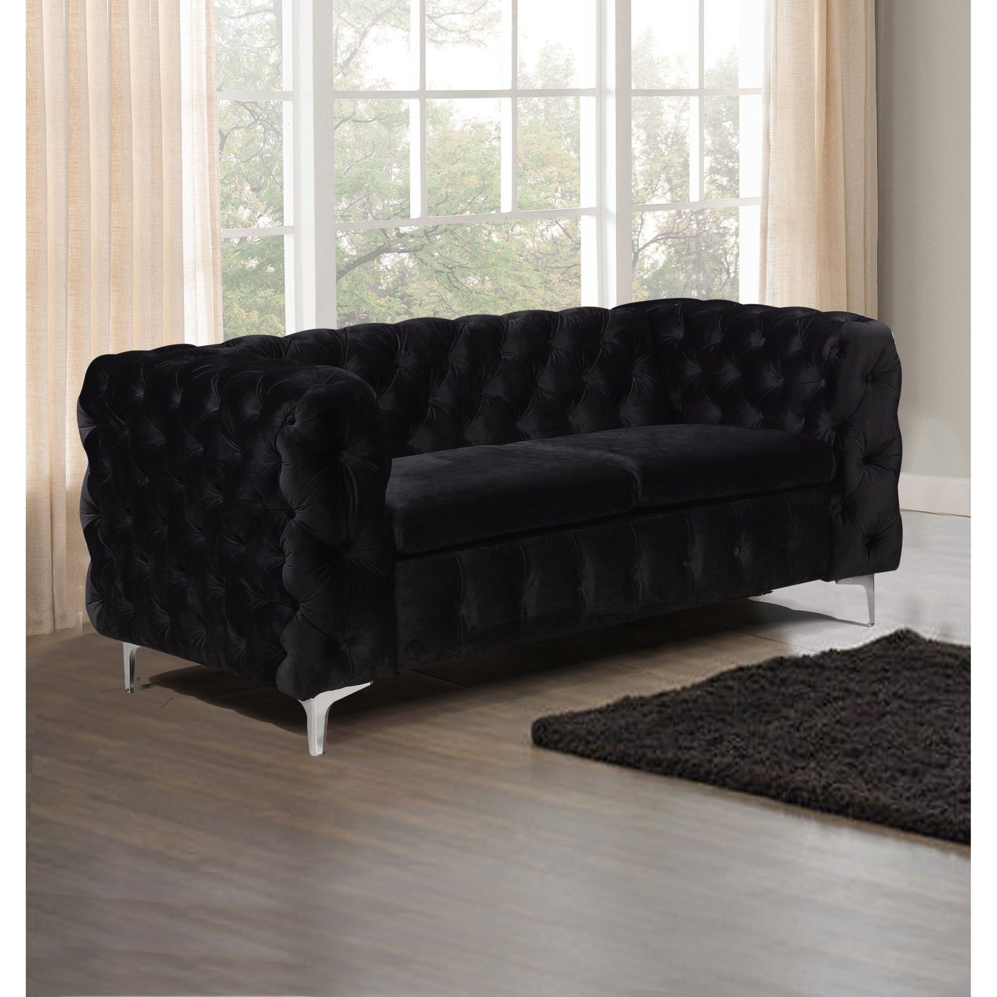 2 Seater Sofa Classic Button Tufted Lounge in Black Velvet Fabric with Metal Legs