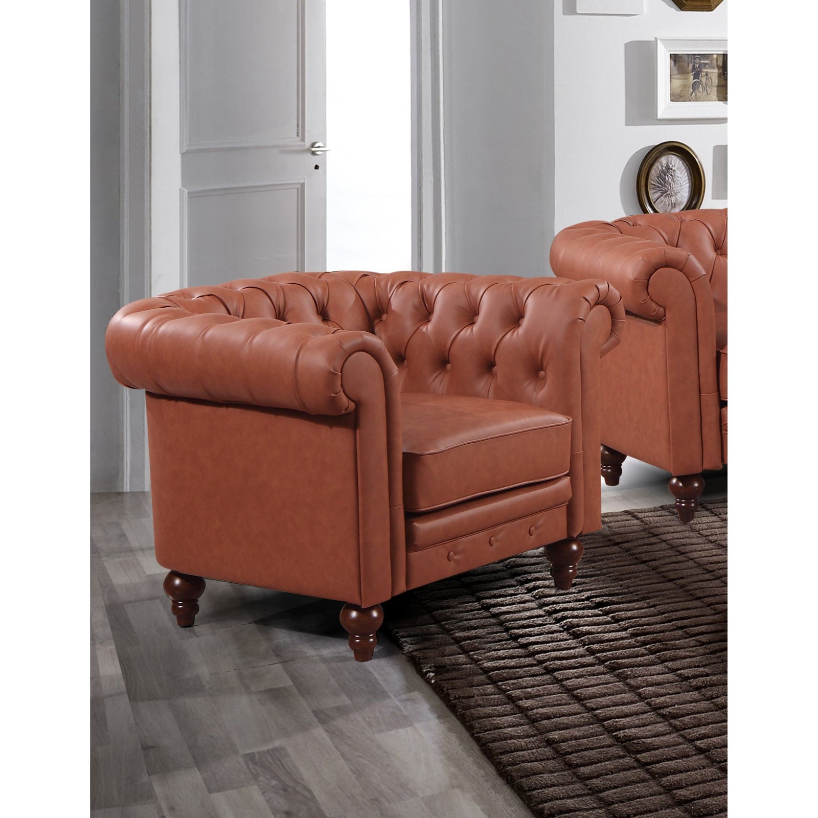 Single Seater Brown Sofa Armchair for Lounge Chesterfireld Style Button Tufted in Faux Leather