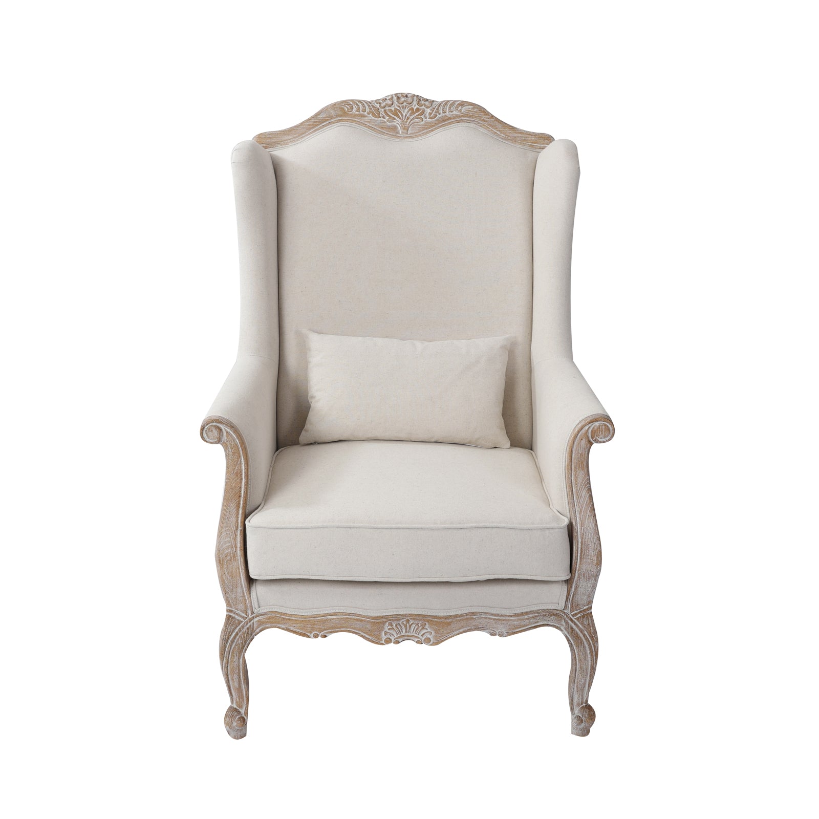 Wing Chair Linen Fabric Oak Wood White Washed Finish Rolled Armrest