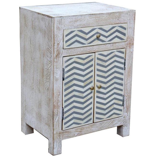 2 drawer whitewashed bedside cabinet with Grey/White bone chevron design