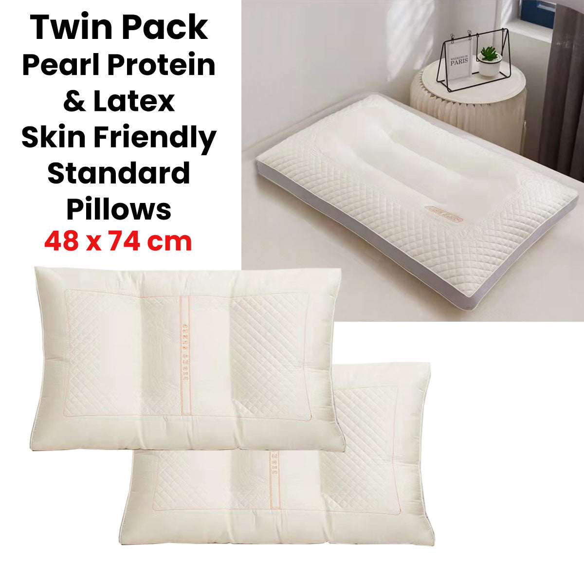 Twin Pack Pearl Protein &amp; Latex Skin Friendly Standard Pillows 48 x 74 cm