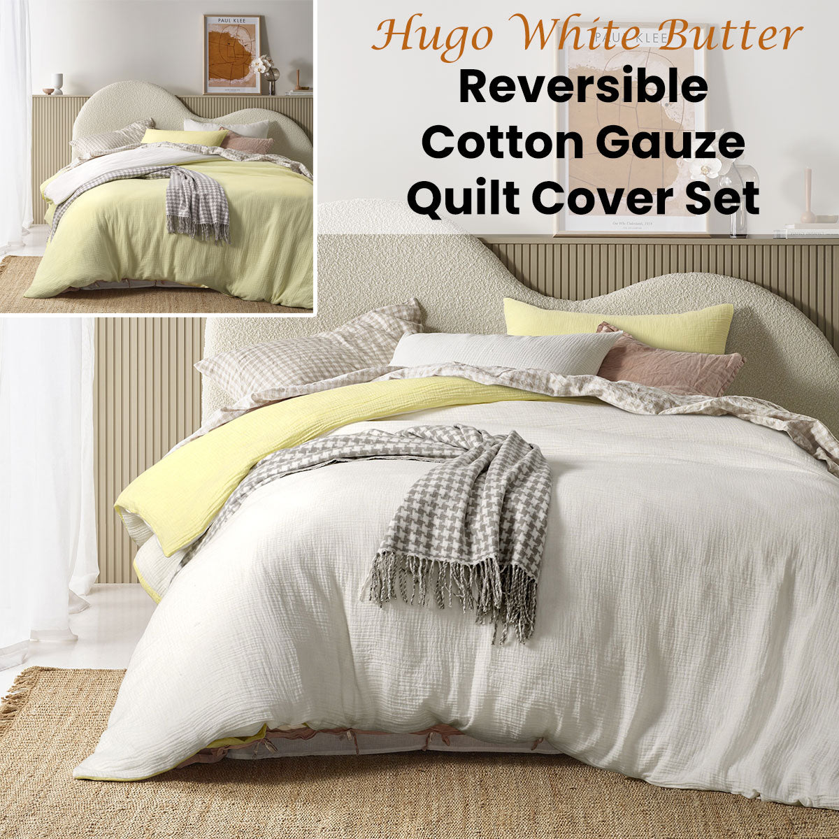 Vintage Design Homewares Hugo Reversible White Butter Cotton Gauze Quilt Cover Set Super King