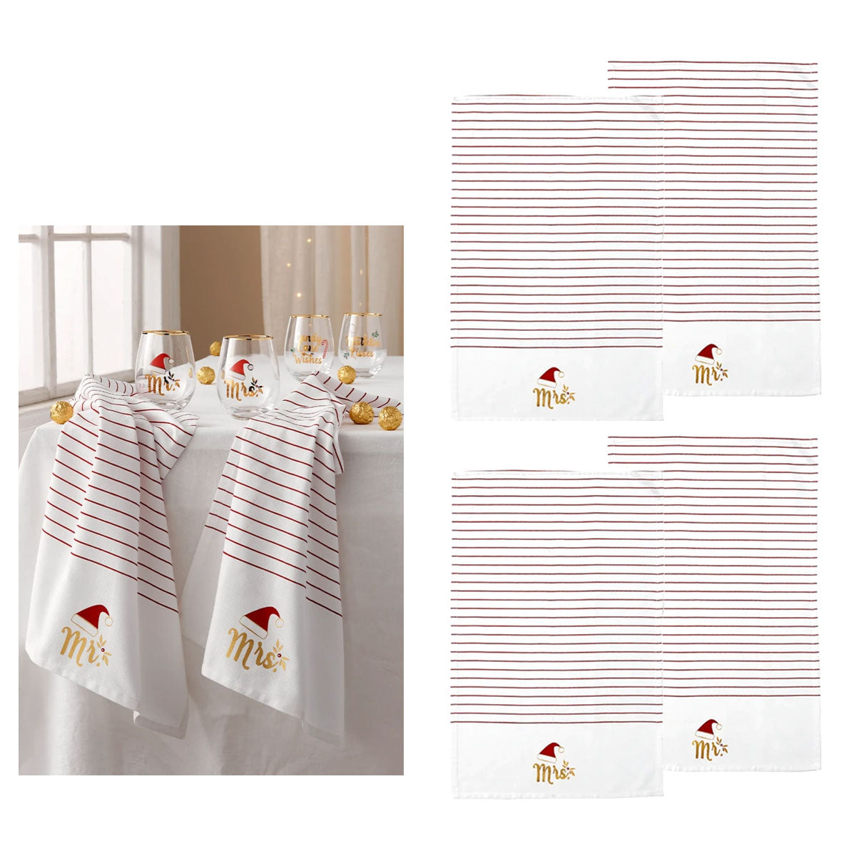 Ladelle Mr &amp; Mrs Christmas Hat Set of 4 Cotton Kitchen Towels 45 x 70 cm