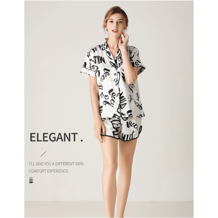 Woman Sleepwear Home Wear Short Sleeve Sweet Girl White Text Casual Pajamas
