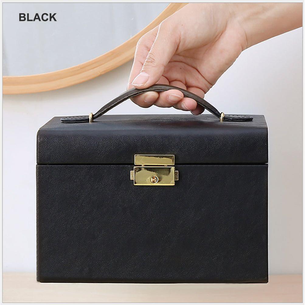 Jewellery Box With Mirror Double Drawers Organizer Storage Lock Case(Black)