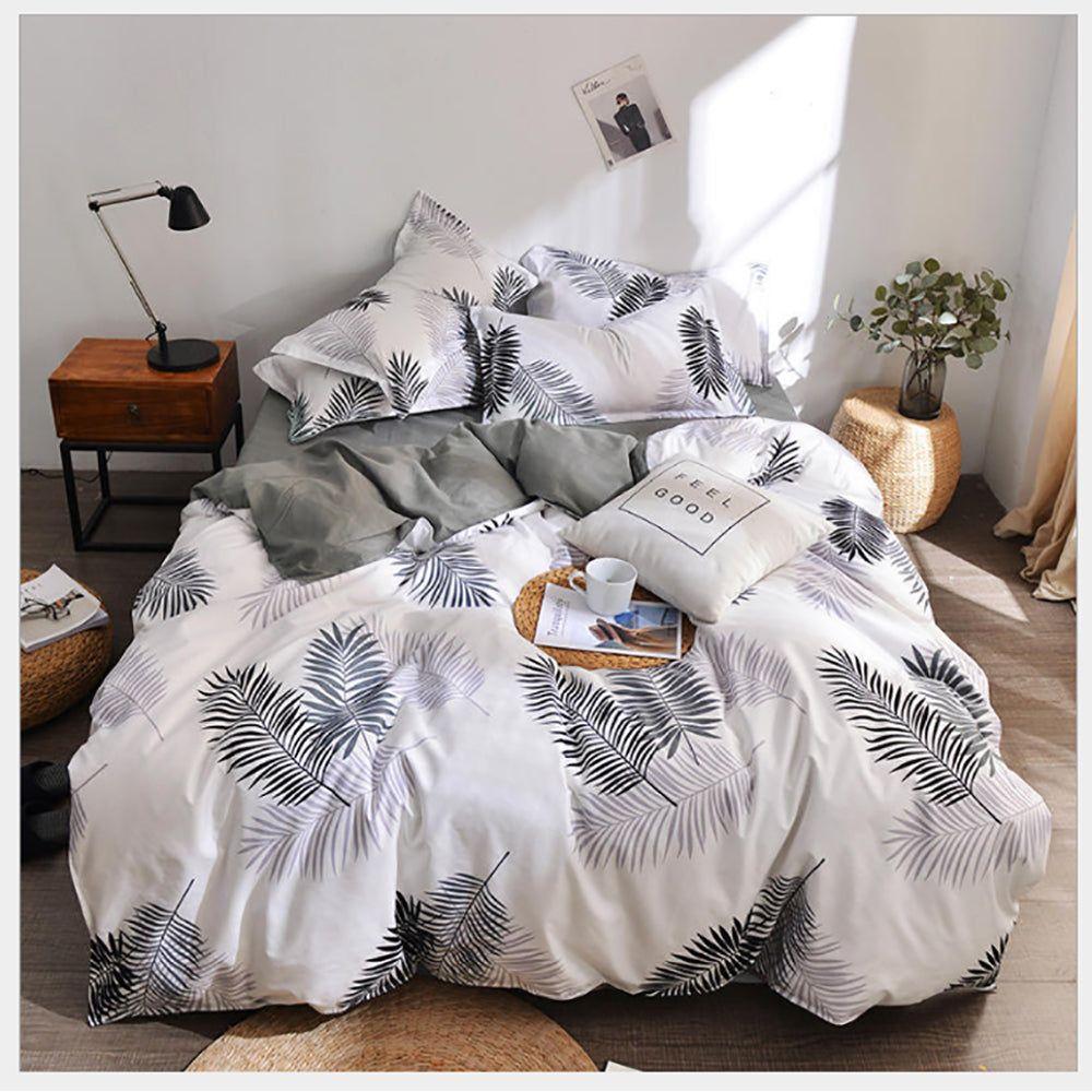 Palm Leaves Pattern Aloe Cotton Flat Sheet Quilt Cover Pillowcases 4pcs Bedding Set