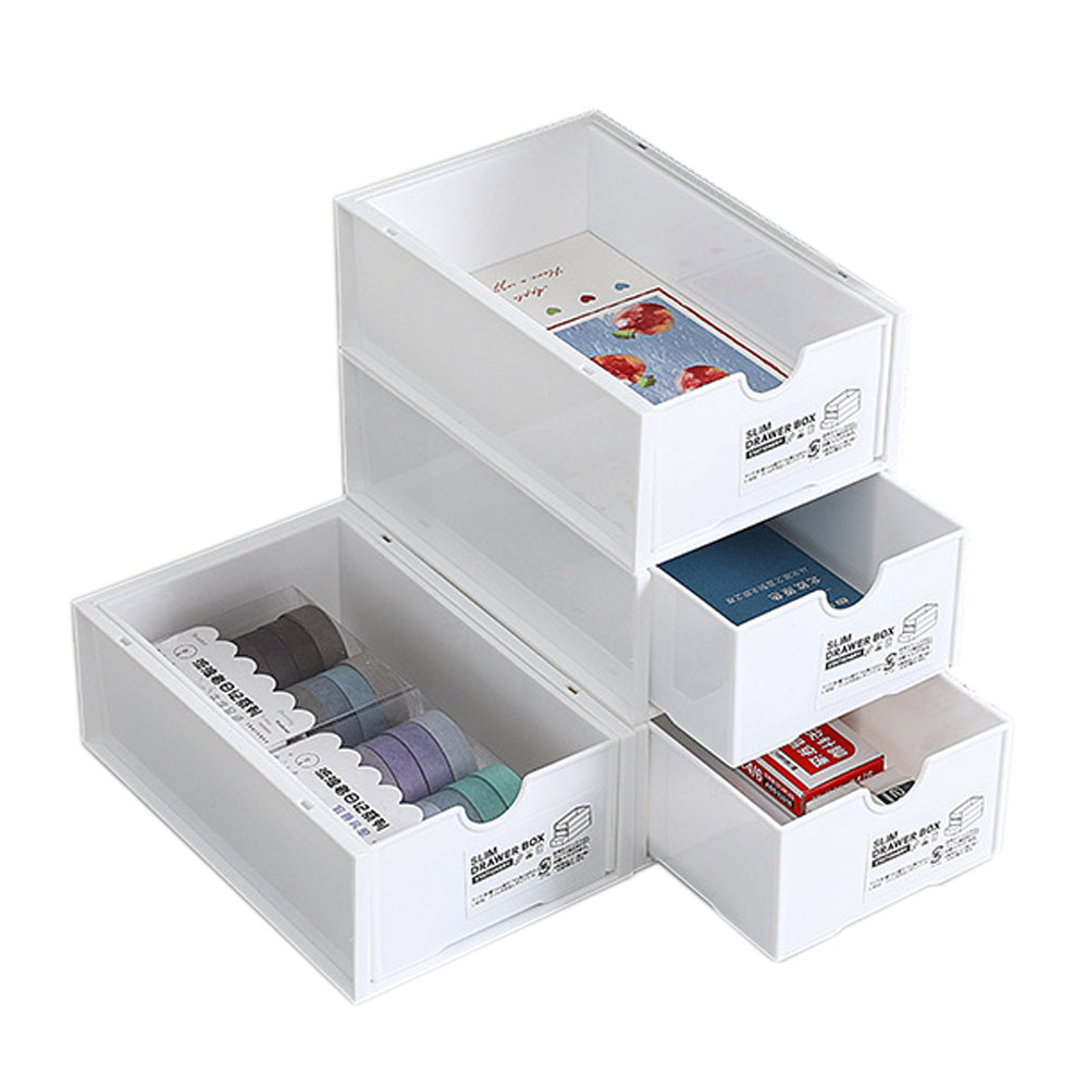 4 Pcs Set Stackable Desktop storage Box Drawer Transparent Plastic Stationery Cosmetic Organizer Box(White)