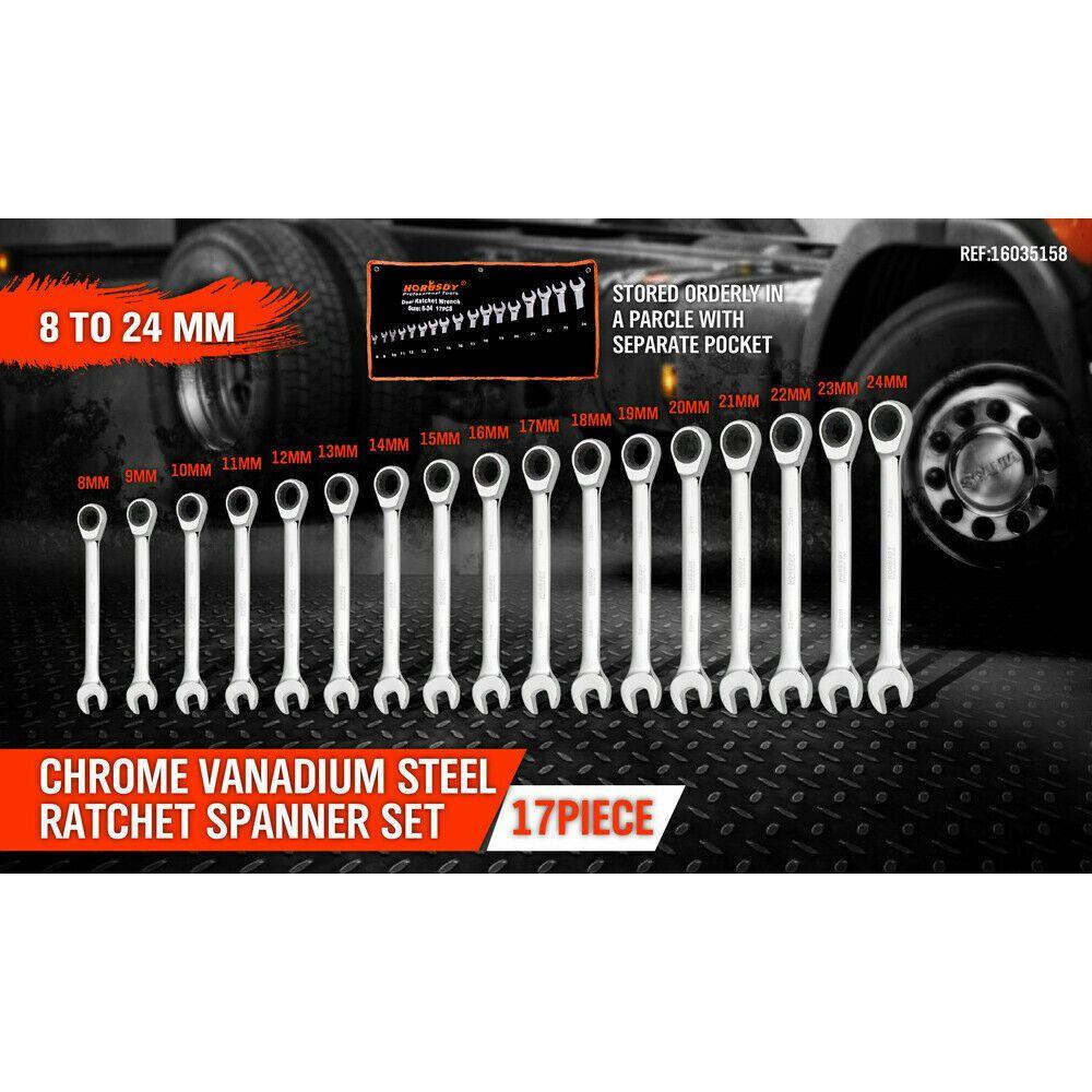 17Pc Ratchet Spanner Set Metric Combination Wrenches Open End Ring CR-V 8-24mm