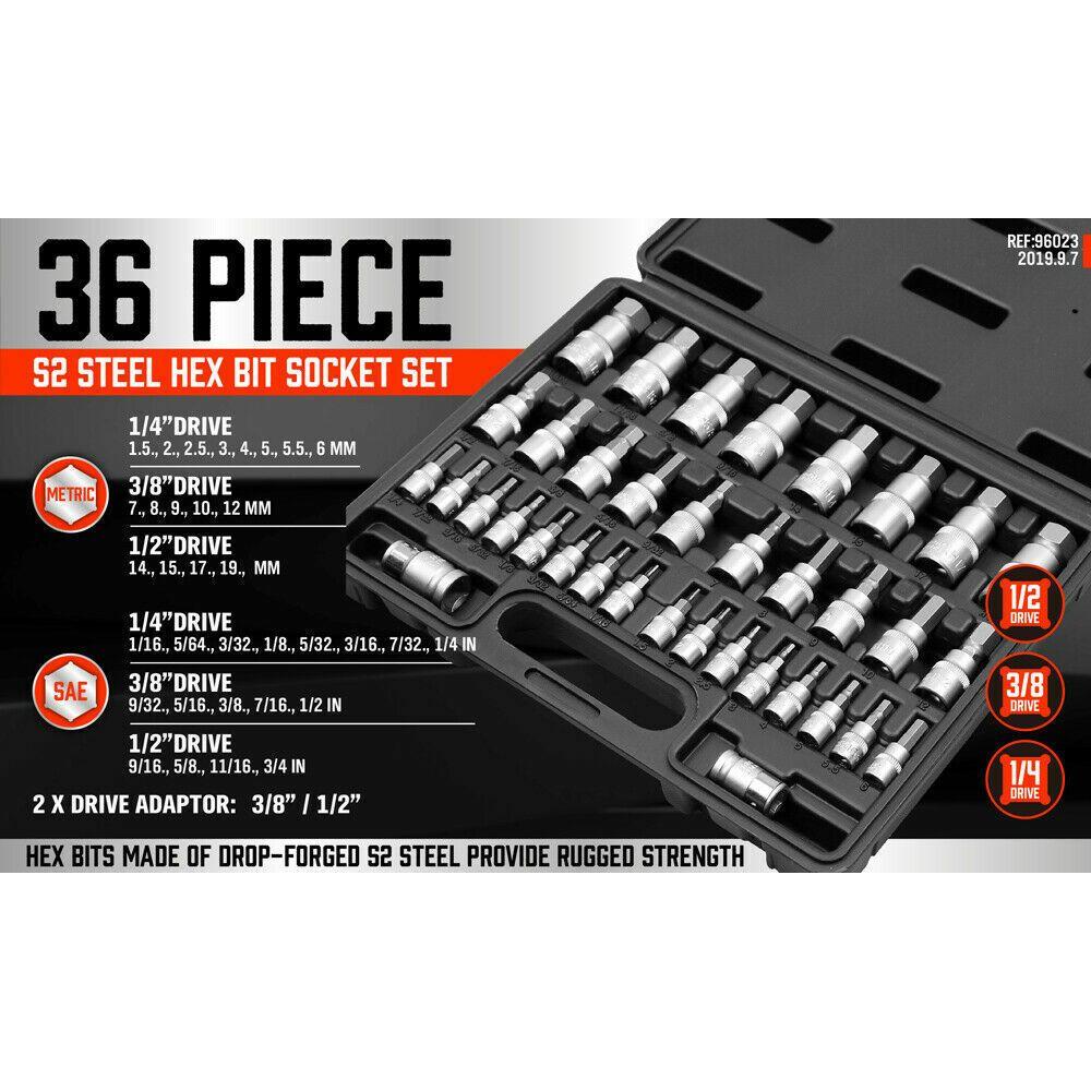 36-Piece Hex Bit Socket Set, SAE and Metric Sizes, S2 Steel Hex Bits, Chrome Vanadium Steel Sockets and Adapters with Storage Case