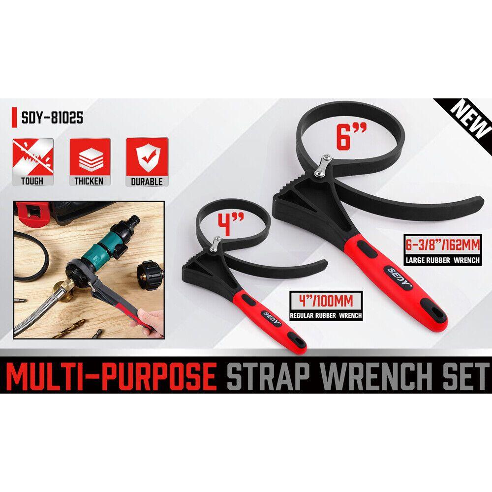 2x Rubber Strap Wrench Adjustable DIY Plumber Jars Hose Pipe Oil Filter Opener