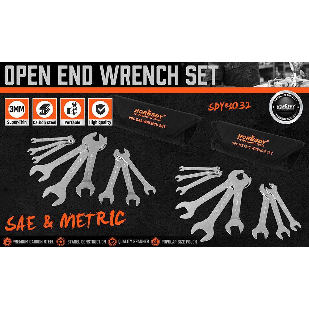 HORUSDY Super Thin 18Pc Wrench Set Open End Spanner 3mm CRV Metric & SAE w Pouch