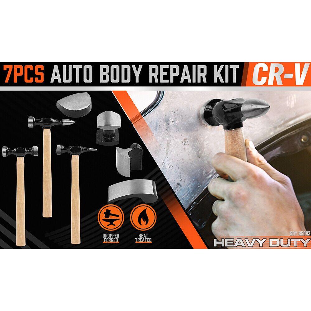 7 Piece Car Dent Auto Body Panel Repair Tool Kit Wooden Handles Beating Hammers
