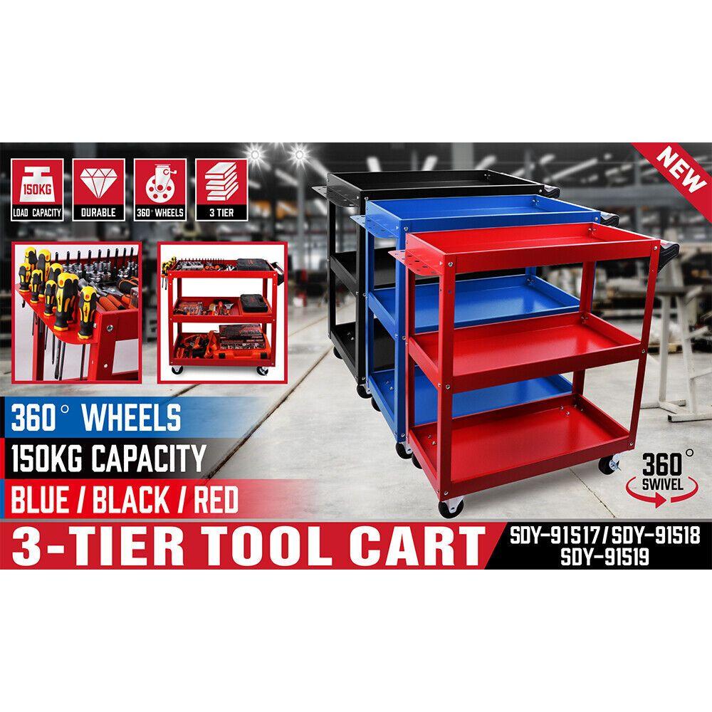 Black 3-Tier Tool Cart Trolley Toolbox Workshop Garage Storage 150KG Organizer Garage