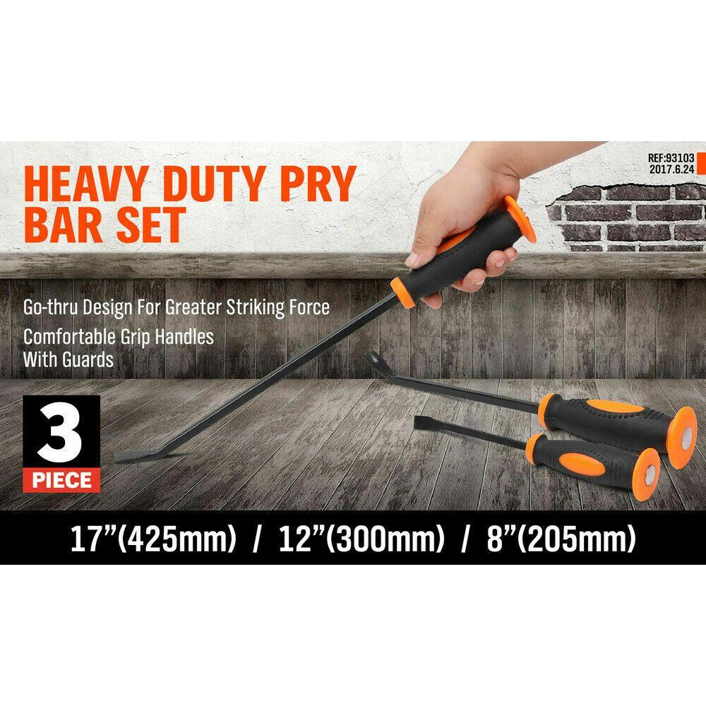 3Pc Impact Pry Bar Set Crowbars Nail Puller Go-Through Hammer Head Mechanic New