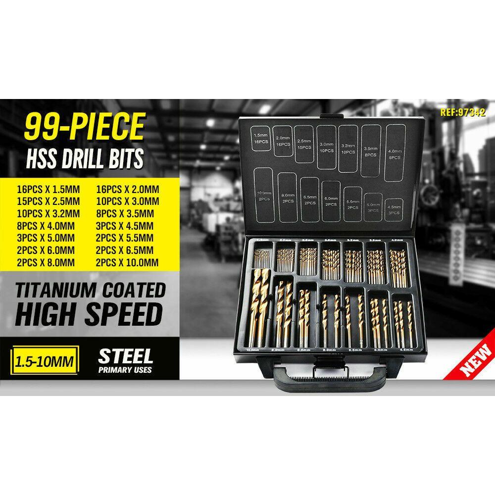 99Pc Drills Set HSS Titanium Coated Wood Plastic Metal Metric 1.5-10mm With Case