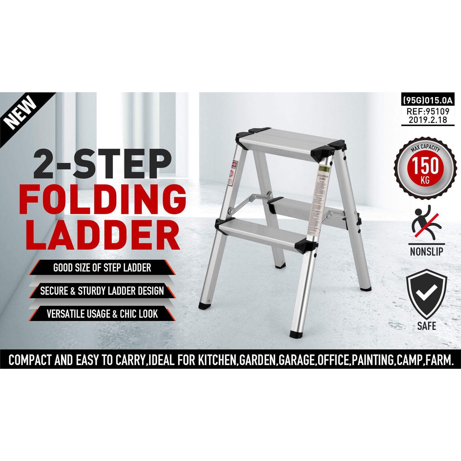 2-Step Portable Folding Ladder, Aluminum Frame Lightweight Home Ladder with Anti Slip Design, 150KG Capacity