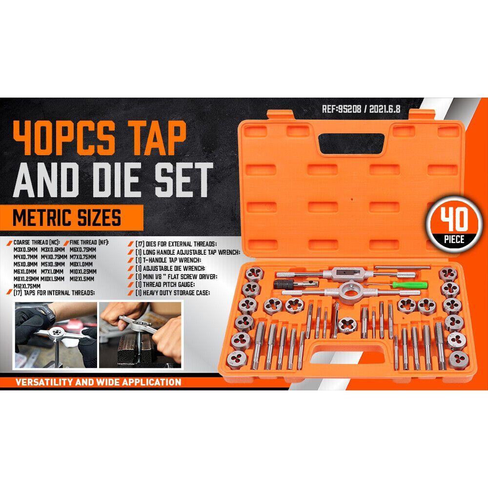 40Pc Tap And Die Set Metric Szie Screw Screwdriver Thread Drill W/t Pitch Gauge