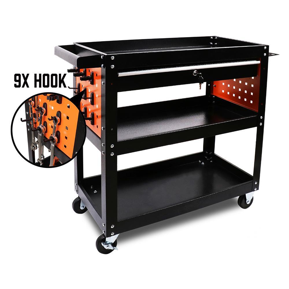 Single Drawer Tool Storage Trolley- Workshop Cart Chest Cabinet with Pegboard Hooks and Lockable Wheels