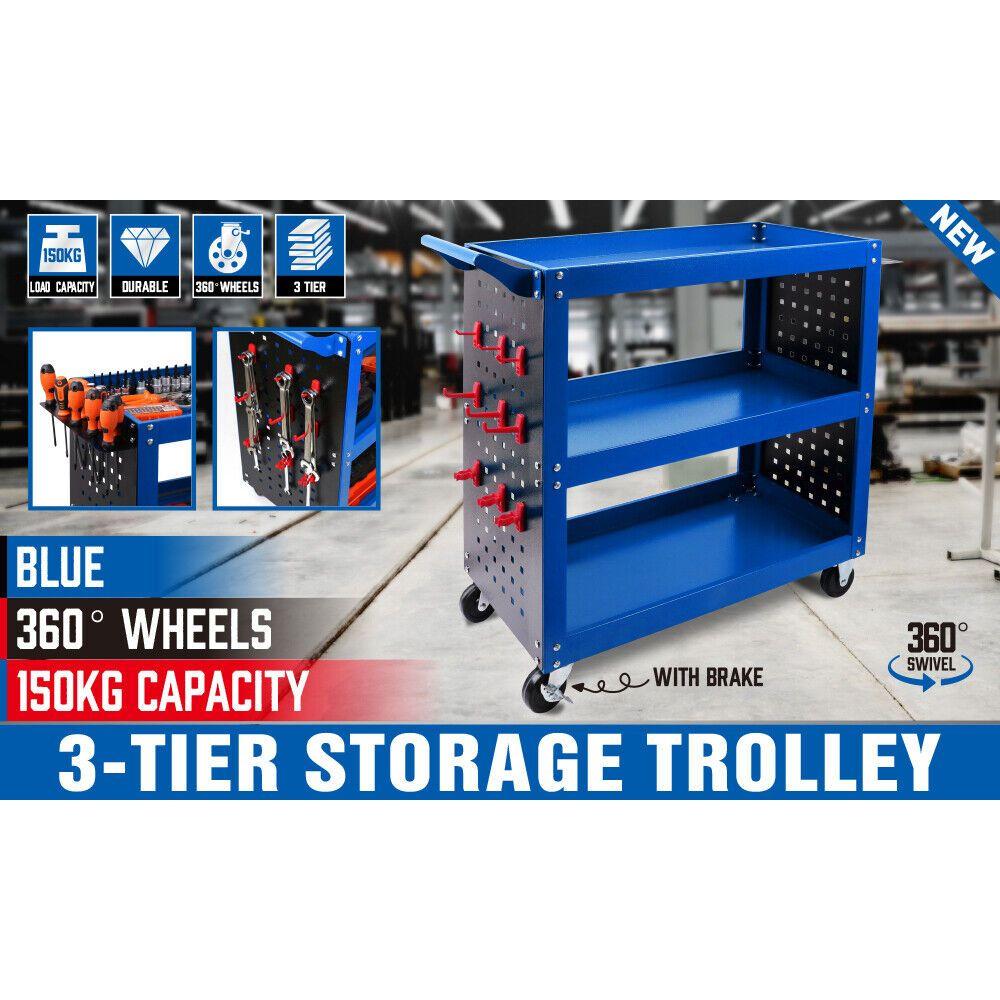 Blue 3-Tier Tool Cart Storage Trolley Toolbox Workshop Garage Organiser 150kg Blue