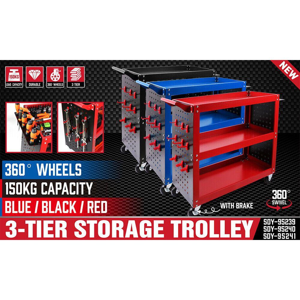 3-Tier Heavy Duty Steel Tool Trolley - Workshop Cart with Pegboard, Hooks and Locking Swivel Casters