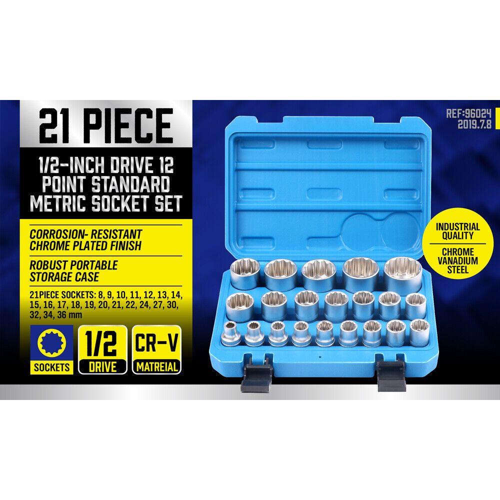 21Pc 12-Point Socket Set 1/2-inch Drive Grip Sleeve Storage Case Metric 8mm-36mm