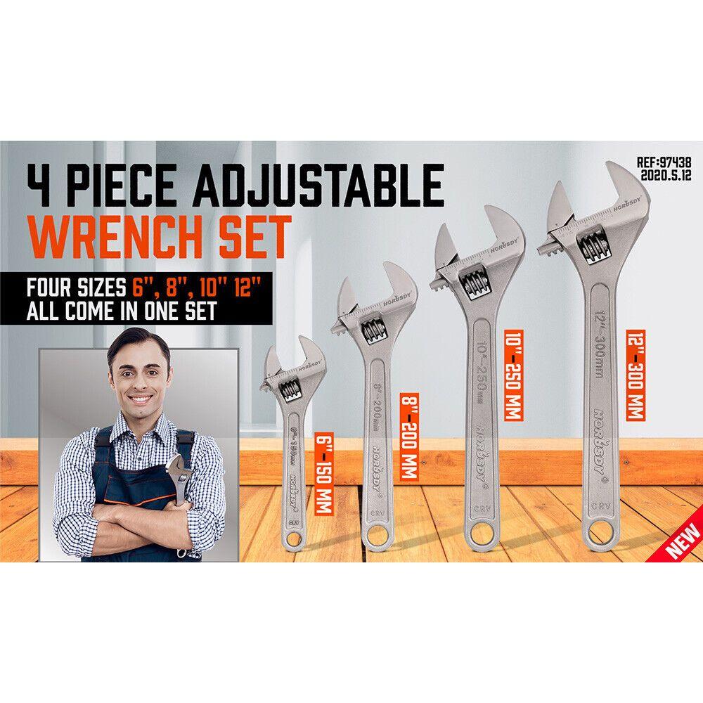 4Pc Adjustable Wrench Set Heavy Duty Shifter Spanner Wide Open Jaw 6"/8"/10"/12"