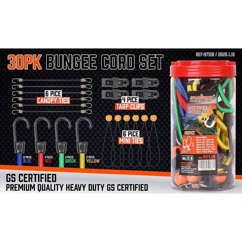 30-Piece Premium Bungee Cord Assortment Includes 10” to 40” Bungee Cords, Canopy Ties & Tarp Clips