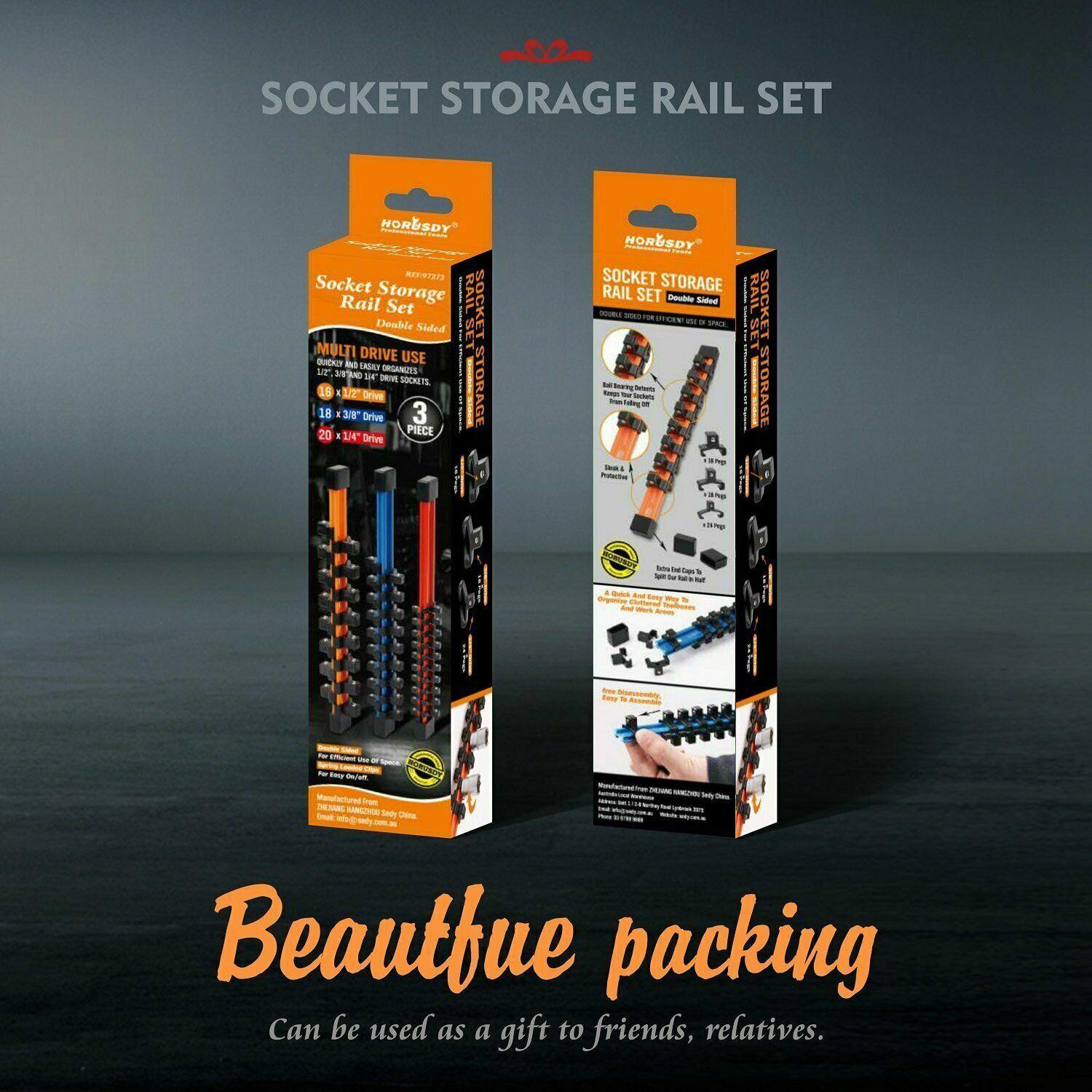 3Pc Double-Side Sockets Holder Tool Organizer Rails WorkShop Rack 1/4" 3/8" 1/2”