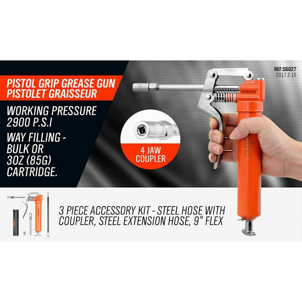 2-WAY Mini Grease Gun Manual Pistol Grip With 3OZ Cartridge Flexi Hose & Coupler