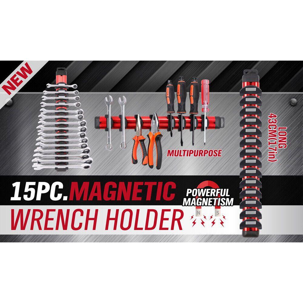 Magnetic Spanner Holder Aluminum 15 Wrench Rack Tool Screwdriver Organizer Red