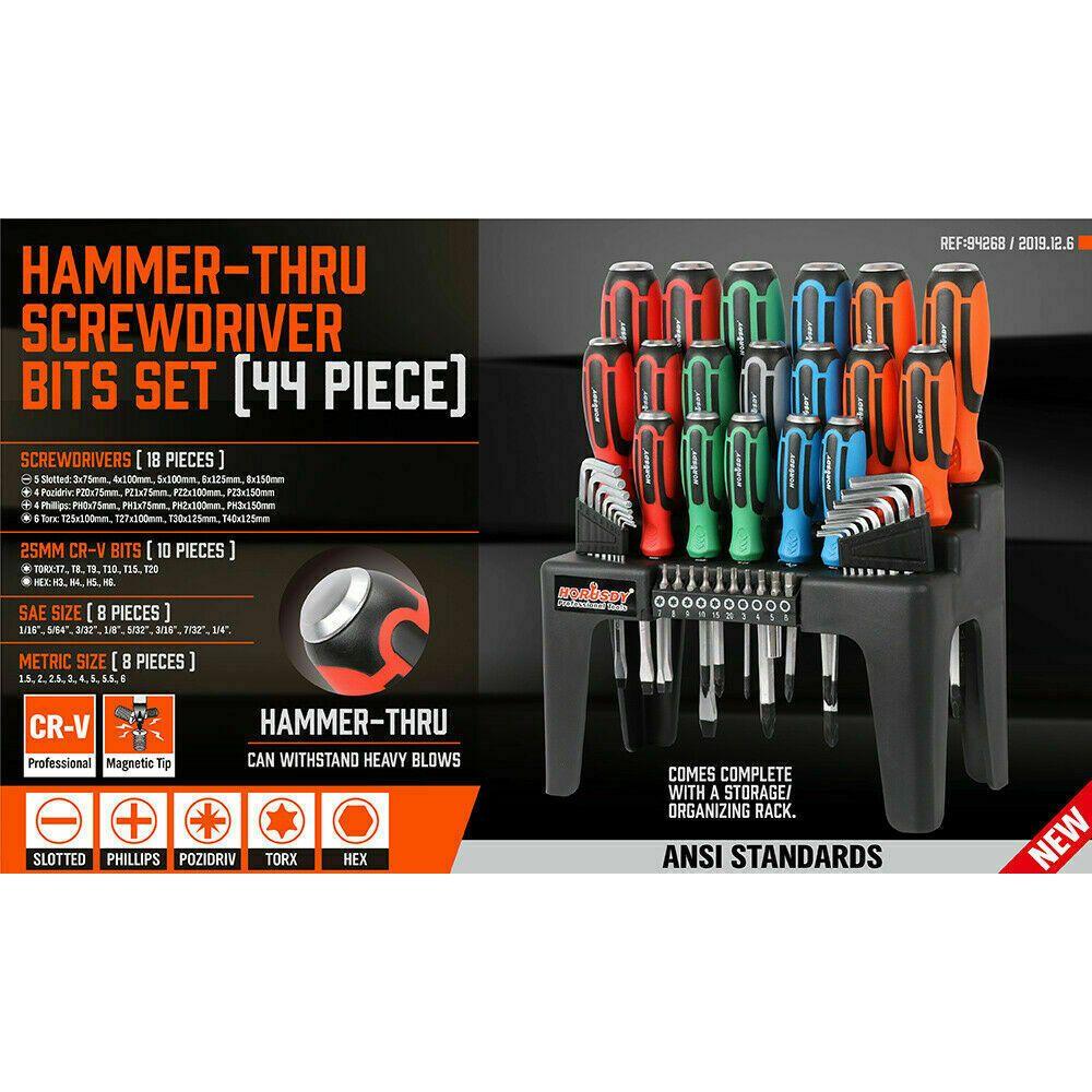 44-Piece Impact Screwdriver Set with Magnetic Bits, High Torque Hex Keys and Rack with Color Grip